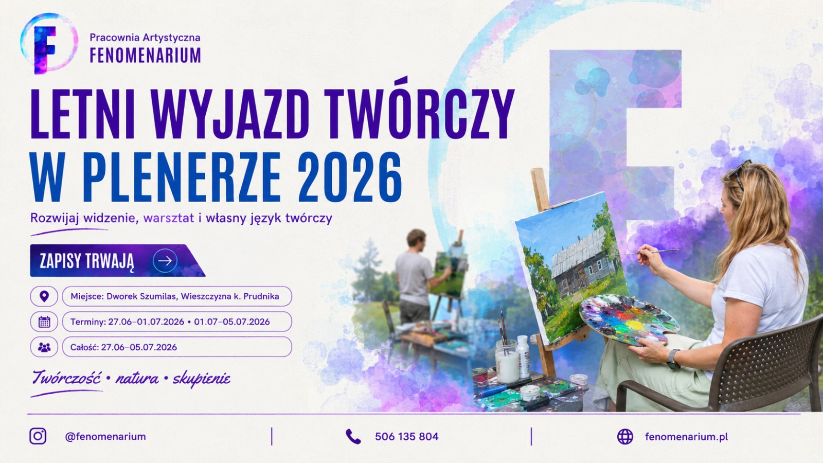 zdjęcie z naszego pleneru w Dworku Szumilas w 2025 r. (Jola, Marzena i Beata) Plener Artystyczny 2026 — wyjazdowe warsztaty malarskie, Fenomenarium